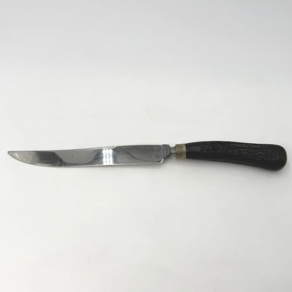 Peerless Vintage Stainless Steel Knife Black Faux Antler Handle 13.5 In Serrated